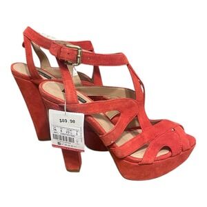Red Suede Platform Block Heel T Strap Sandals Women's‎ Size 36 EU 6 US